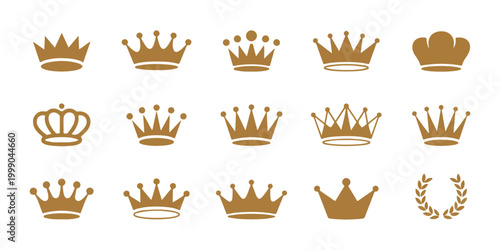 Set of Gold Crown Icons and Laurel Wreath Symbol