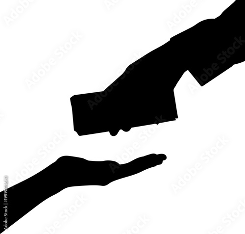 Silhouette of Hand Giving Stack of Cash to Another Hand Representing Bribery or Payment Isolated on White