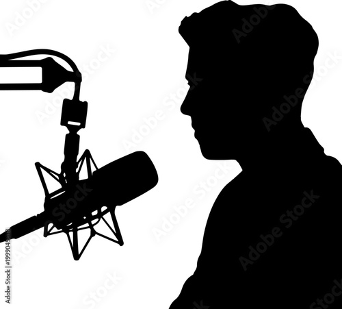 Black Silhouette of a Man Speaking into a Professional Studio Condenser Microphone for Podcasting and Radio Broadcasting