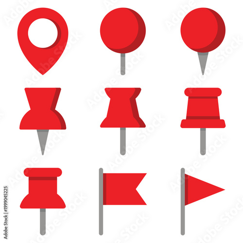 Red Map Pin and Flag Icon Set isolated on transparent background.