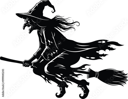 Vintage silhouette of a witch on a broomstick a classic halloween illustration