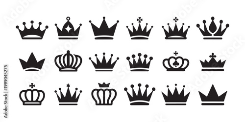 Assorted Black Crown Icons and Royal Symbols Isolated on White