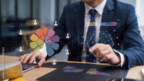 Business professional analyzing AI-powered data clustering visualization on digital interface, customer segmentation groups connected to user icons, AI core for marketing strategy, audience targeting