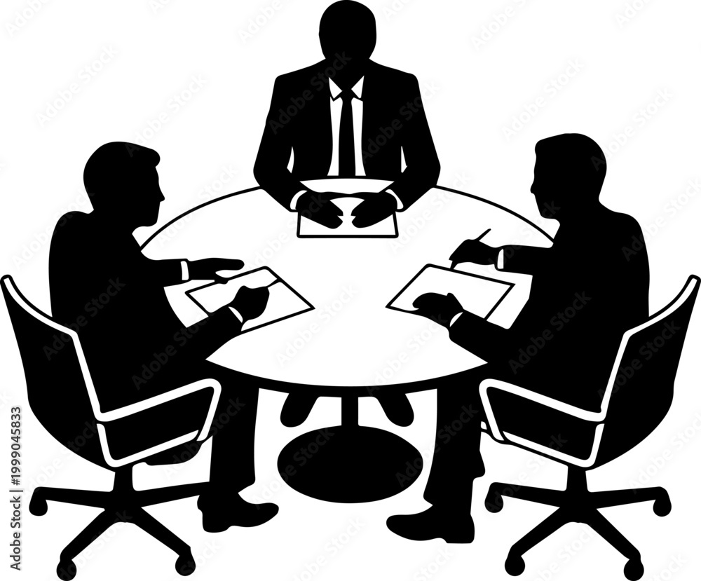 Fototapeta premium Silhouette of three businessmen in a professional meeting sitting around a round table discussing and writing on documents vector