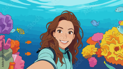 Underwater Selfie of a Female Diver at Vibrant Coral Reef