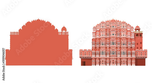 Vector illustration of a unique historical Indian palace, featuring both a detailed, colorful view and a minimalist silhouette, perfect for cultural heritage designs