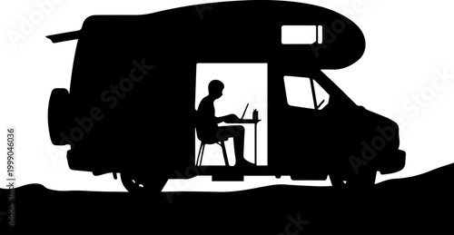 Silhouette of a Person Working on a Laptop Inside a Camper Van, Digital Nomad and Remote Work Concept Vector Illustration