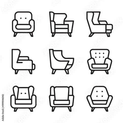Minimalist armchair icon set, modern furniture line art vector illustrations of chairs and sofas