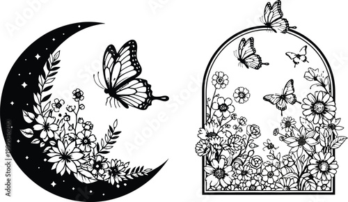 Enchanting botanical illustration crescent moon and birdcage with butterflies and floral details