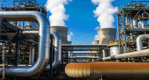 Industrial power plant with cooling towers emitting steam. Complex network of steel pipelines and infrastructure. Energy production concept ideal for utilities and industrial marketing.