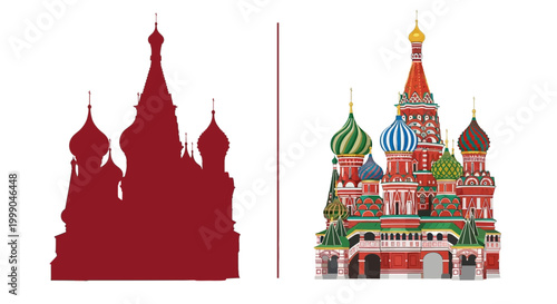 Colorful and Silhouette Vector Illustration of a Famous Russian Cathedral, Showcasing Architectural Beauty and Cultural Heritage