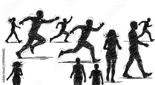 Dynamic sketch of a diverse group of people running and walking, depicting an active community on an isolated white background.