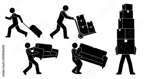 Silhouette set of people moving furniture, boxes, and luggage, illustrating relocation and delivery services on an isolated white background.