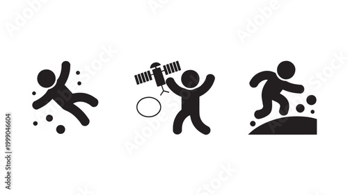 Happy Stick Figure Jumping Icons Space Technology Freedom Celebration Weightless Silhouette Set