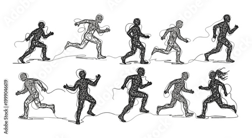 Group of simple stick figure runners jogging and moving forward, representing active lifestyle and progress on an isolated white background.