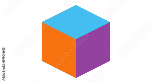 Vibrant Vector illustration of an isometric 3D cube. Abstract geometric shape with blue, orange, and purple faces, symbolizing modern design, technology, and core concepts