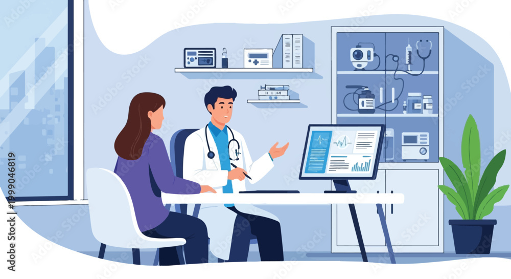 Fototapeta premium Doctor and patient discussing health in a modern clinic office setting with computer