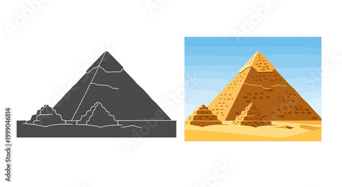 Detailed and Silhouette Vector Illustration of Iconic Egyptian Pyramids in the Desert Landscape, Capturing Ancient History and Architectural Majesty Through Different Graphic Styles