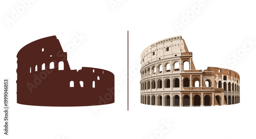 Vector Silhouette and Realistic Illustration of the Colosseum in Rome