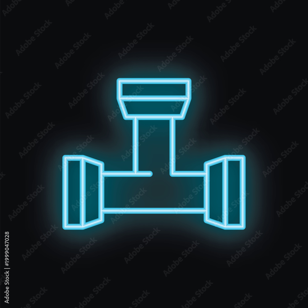 Fototapeta premium Glowing neon blue icon of a water pipe fitting, isolated on a black background