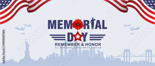 Memorial Day 2026 Patriotic Banner with American Flag, New York Skyline and Poppy Tribute. Best for remembrance and honor campaigns. Vector Illustration