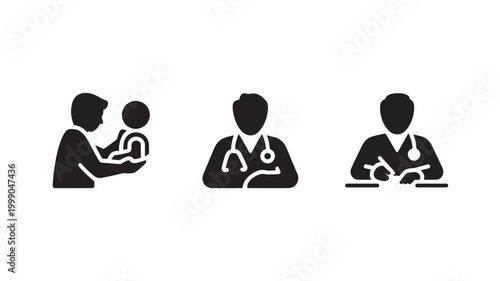 Doctor Patient Silhouette Icons Healthcare Medical Consultation Hospital Care Minimal Black Vector Set
