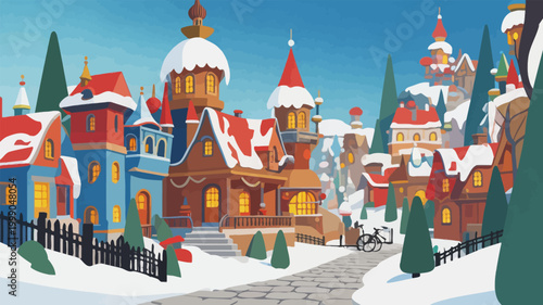 Cozy Winter Holiday Townscape with Snow Covered Cottages
