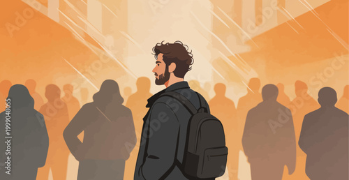 Lonely Young Man Walking Among Crowded City Street