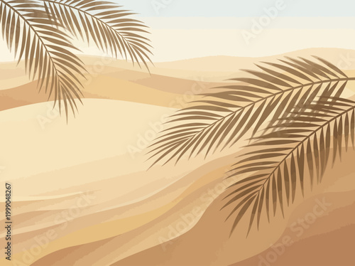 Aesthetic Desert Landscape Background with Rolling Sand Dunes and Palm Leaf Shadows