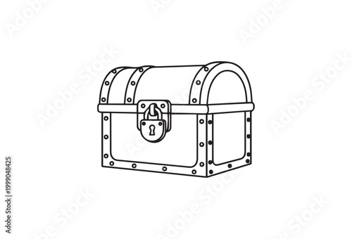 Vintage treasure chest line art, antique wooden trunk with padlock vector illustration, pirate loot box coloring page element