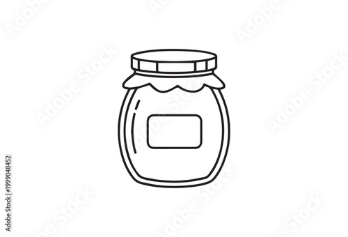 Minimalist glass jar vector icon, simple line art jam pot with label, black and white food storage container illustration for kitchen branding