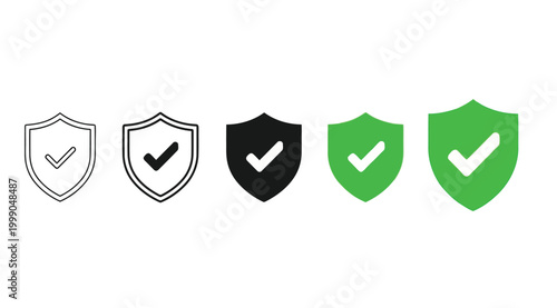 Set of shield icons with check marks in various styles, security and verification symbols