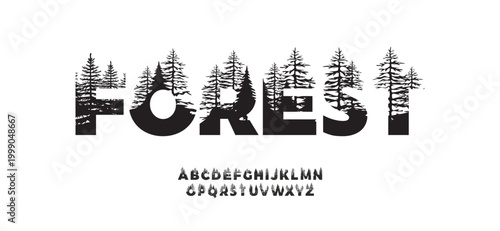 Forest word made from outdoor wilderness treetop lettering. Typography technology, electronic, movie, digital, music, future, logo creative font.
