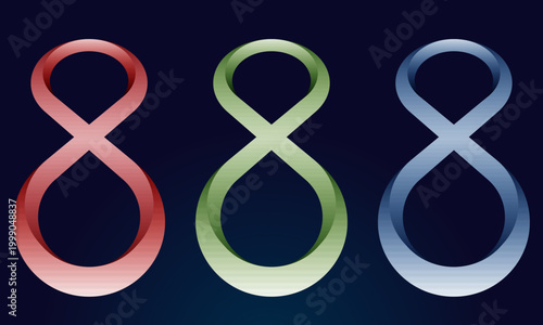 Three glossy vector number eight and infinity loop symbols in perspective view with gradient shading in red, green, and steel blue on a dark navy background, for finance, luck, and branding concepts.