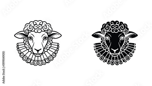 Sheep head icon set featuring ornate ruff collar in line art and solid black silhouette styles for agriculture and textile branding