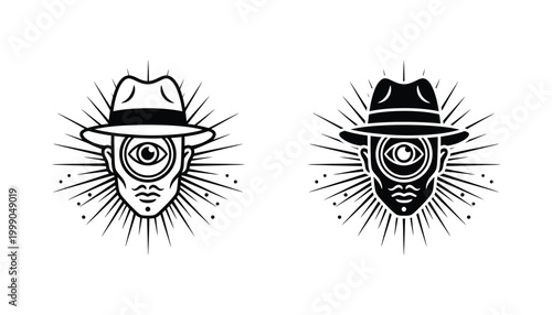 Surreal cyclops character wearing fedora hat icon in line art and solid black silhouette styles for mysterious graphic design concepts