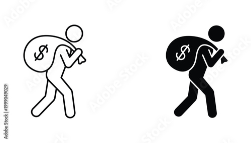 Person carrying money bag icon set representing wealth financial gain and theft concepts in outline and solid black vector styles for business and finance applications in a clean professional design