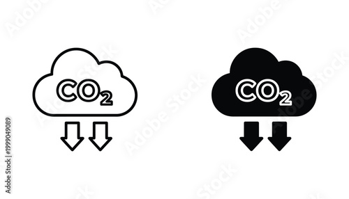CO2 emission cloud icon set with downward arrows for environmental pollution and climate change concepts isolated on white background