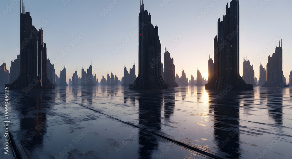 Obraz premium Futuristic city skyline at sunrise with sleek skyscrapers reflecting on wet ground