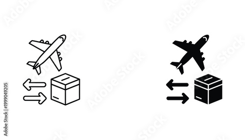 Air cargo logistics vector icon set featuring airplane and shipping box symbols in outline and solid black styles for international freight and delivery concepts isolated on white background
