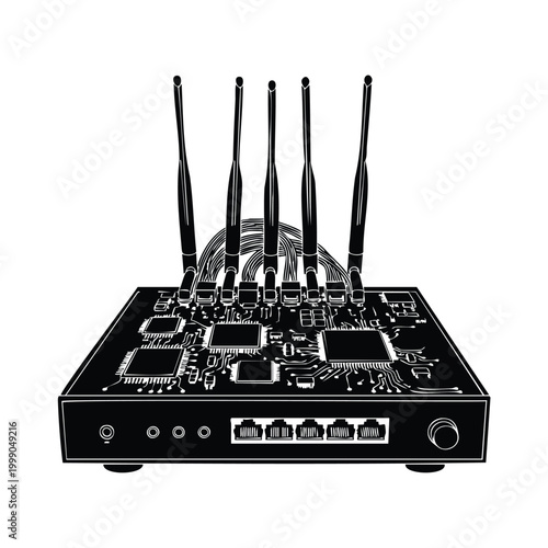 Wireless router silhouette bundle with antennas and circuit board.