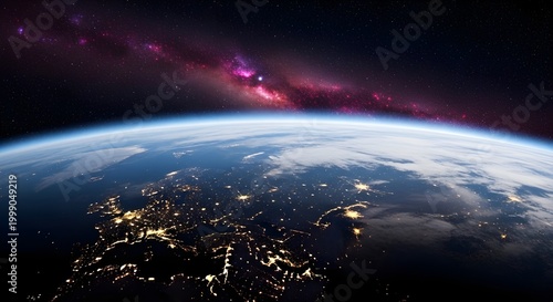 Futuristic satellite perspective of Earth at night, glowing networks of civilization, crisp atmosphere edge, dramatic galaxy backdrop, high dynamic range, space realism