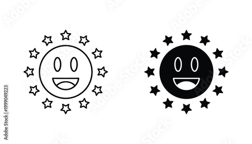 Happy sun face icon set surrounded by stars for joy positivity and star rating feedback symbols in minimalist flat vector style isolated on white background