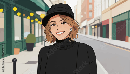 Smiling Woman in Casual Street Portrait Illustration