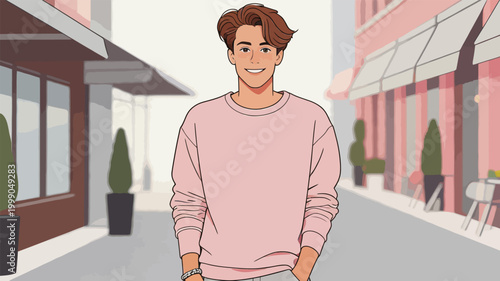 Smiling Young Man Walking on Urban Shopping Street