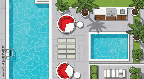 Top view of a luxury outdoor patio with swimming pools and lounge area