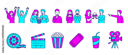 People Watching Movie Cinema Icons Set - Diverse Characters Expressing Emotions and Film Industry Symbols for Entertainment Industry Concept and Digital Media Design, Vibrant Outline Illustration.