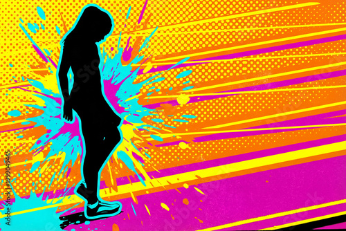 Focused African american sprinter. Silhouette on race track, dynamic athletics symbolism. Pop art retro illustration with splatter of neon colors.