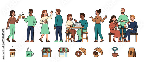 People Drinking Coffee Set, Diverse Characters Meeting in Cafe, Flat Line Art Style Vector Collection, Social Interaction and Lifestyle Icons for Coffee Shop, Morning Routine, and Business Networking