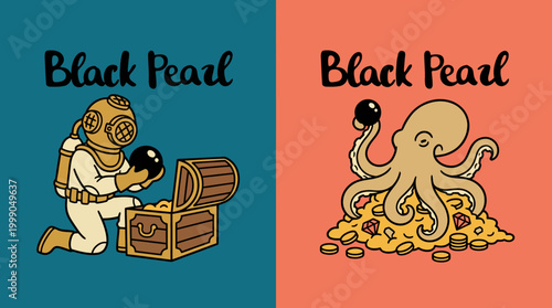 An adventurous diver discovers a treasure chest filled with gold and jewels while holding a precious black pearl, evoking a sense of exploration and excitement underwater.